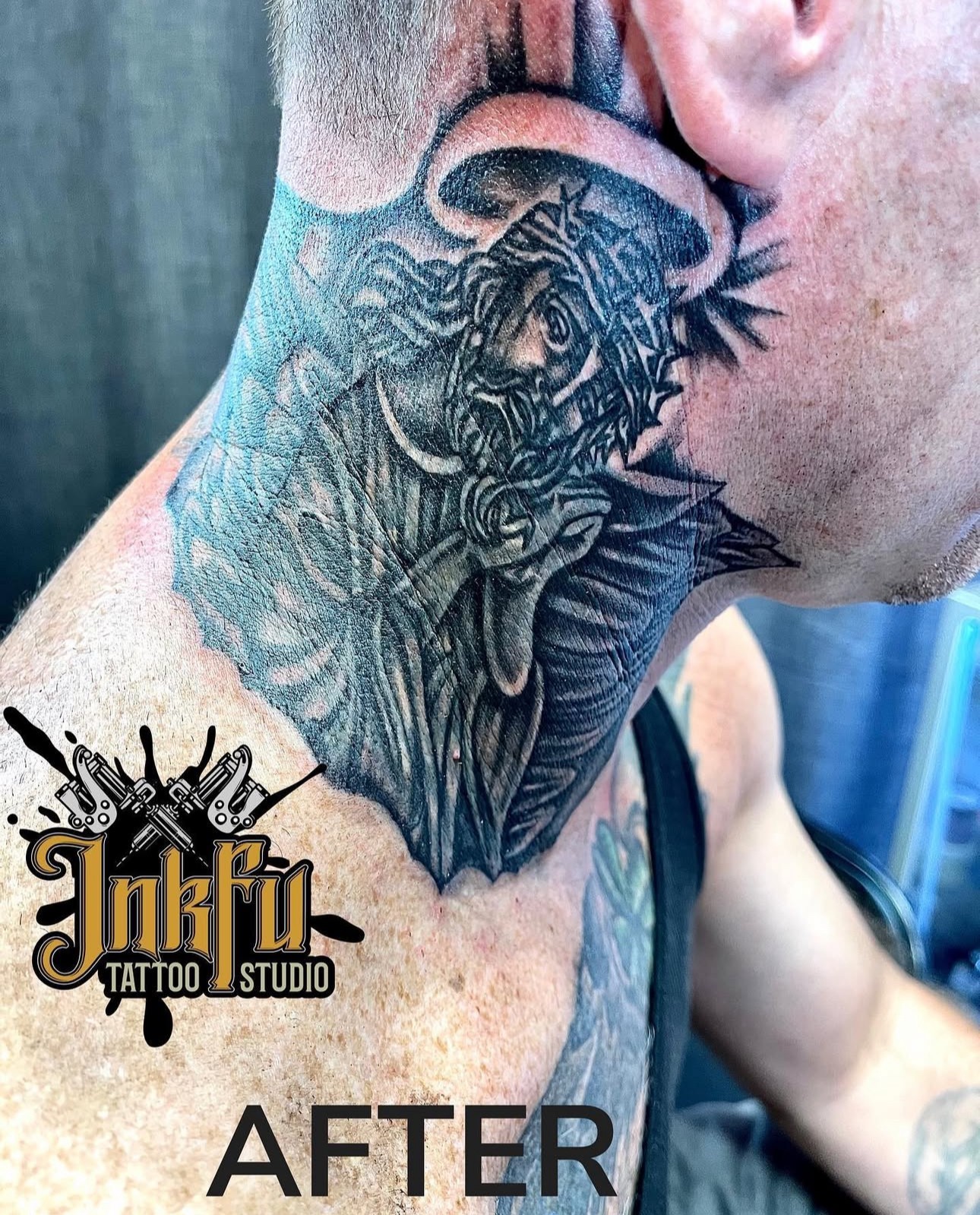 After: Neck Portrait Cover-Up, a finished cover-up tattoo on the neck by Meer Rich