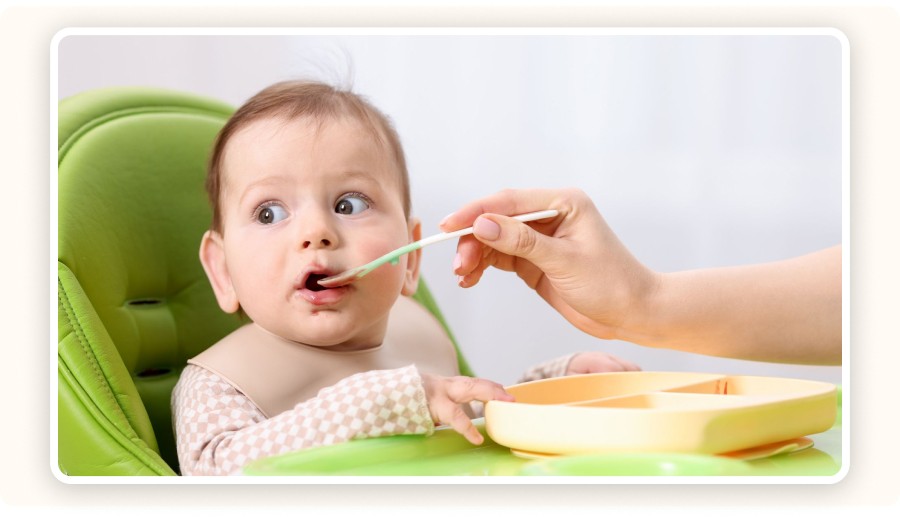 Baby being fed with a compartment plate