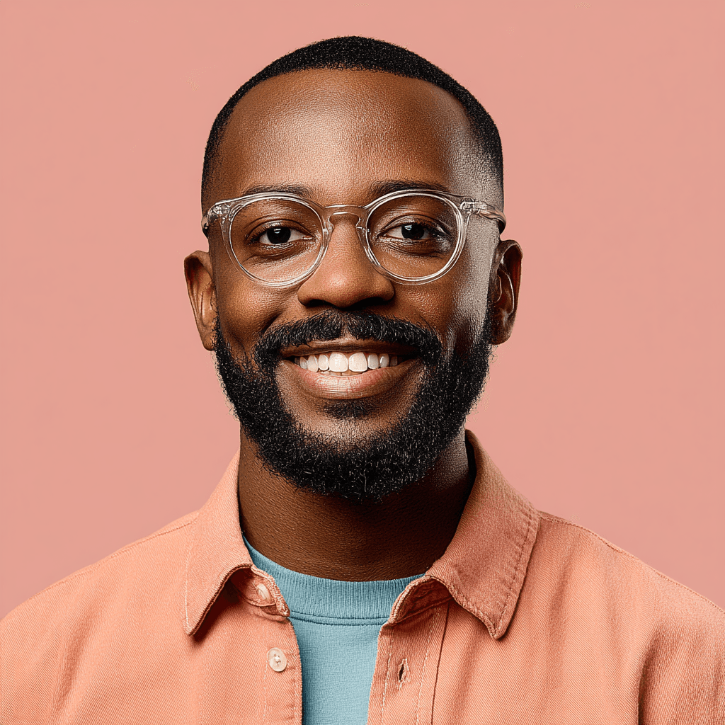 Smiling man with glasses and a beard wearing a peach shirt on a pastel background.