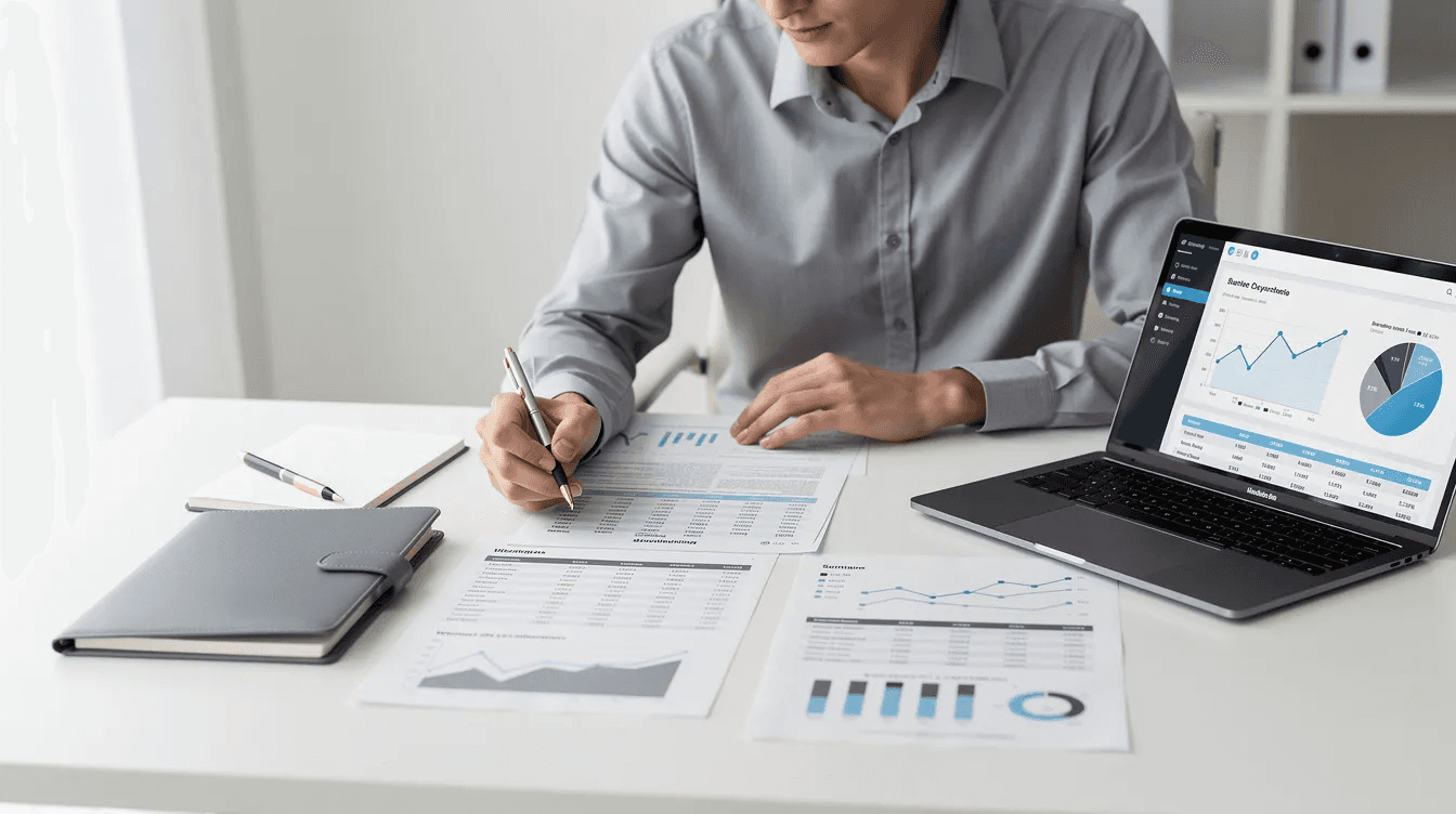 A person is seated at a clean desk, reviewing financial documents alongside a laptop, indicating a focus on income tax and tax residency planning. This scene suggests an effort to organize financial records for state income tax purposes, possibly considering changes in domicile to lower tax liability.