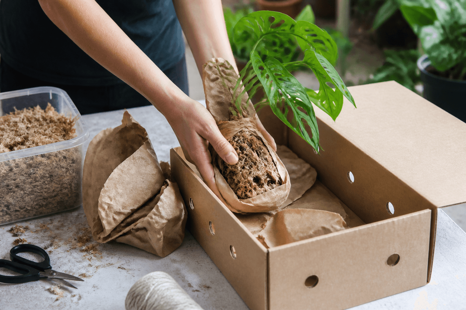 A bare-root tropical plant wrapped in damp moss being packed into a ventilated box