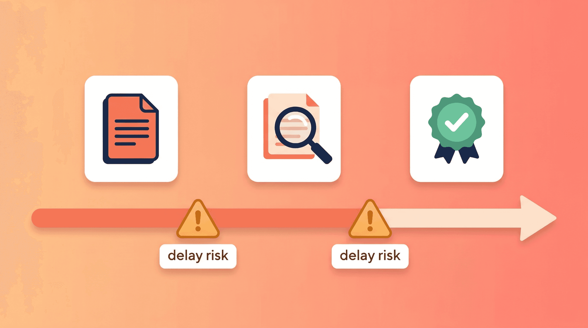 Flat illustration showing the promotional review cycle from submission through review to approval, with delay risk indicators at key stages.