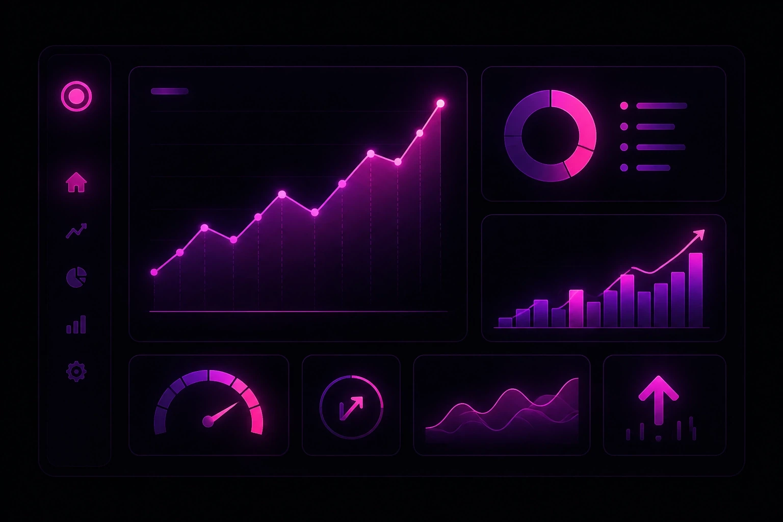 A minimalist digital dashboard with upward-trending graphs in glowing magenta and violet.