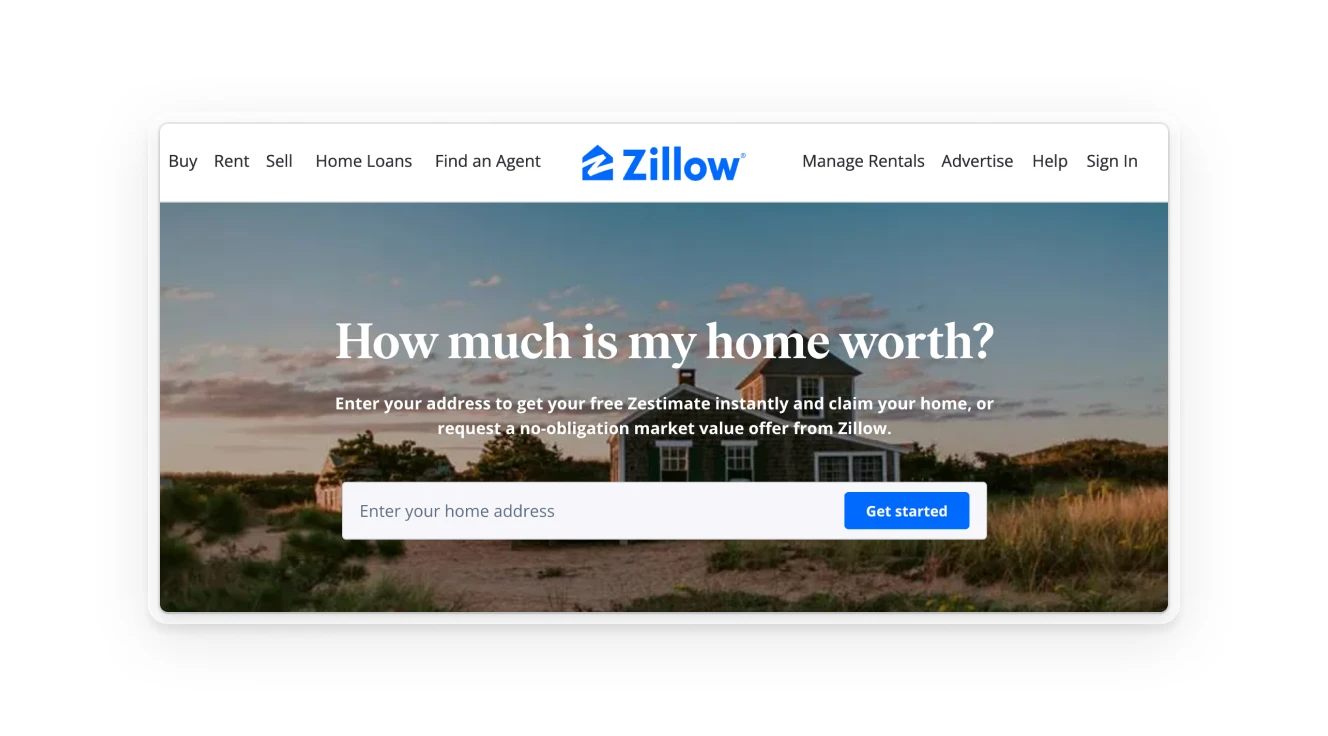 Zillow homepage displaying an AI-powered home valuation tool, asking users to enter their home address to receive a market value estimate.