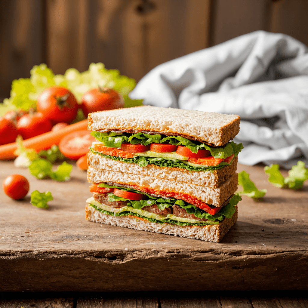 product photography of a cut sandwich with layers of vegetables and meat