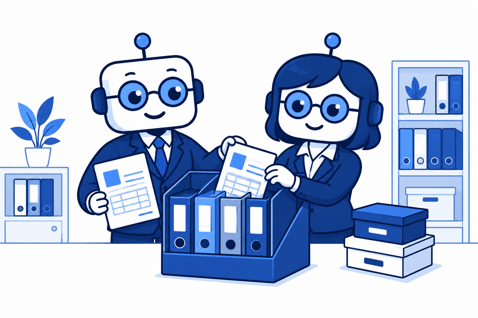 Robot i Robotka wspólnie porządkują zagraniczne dokumenty.