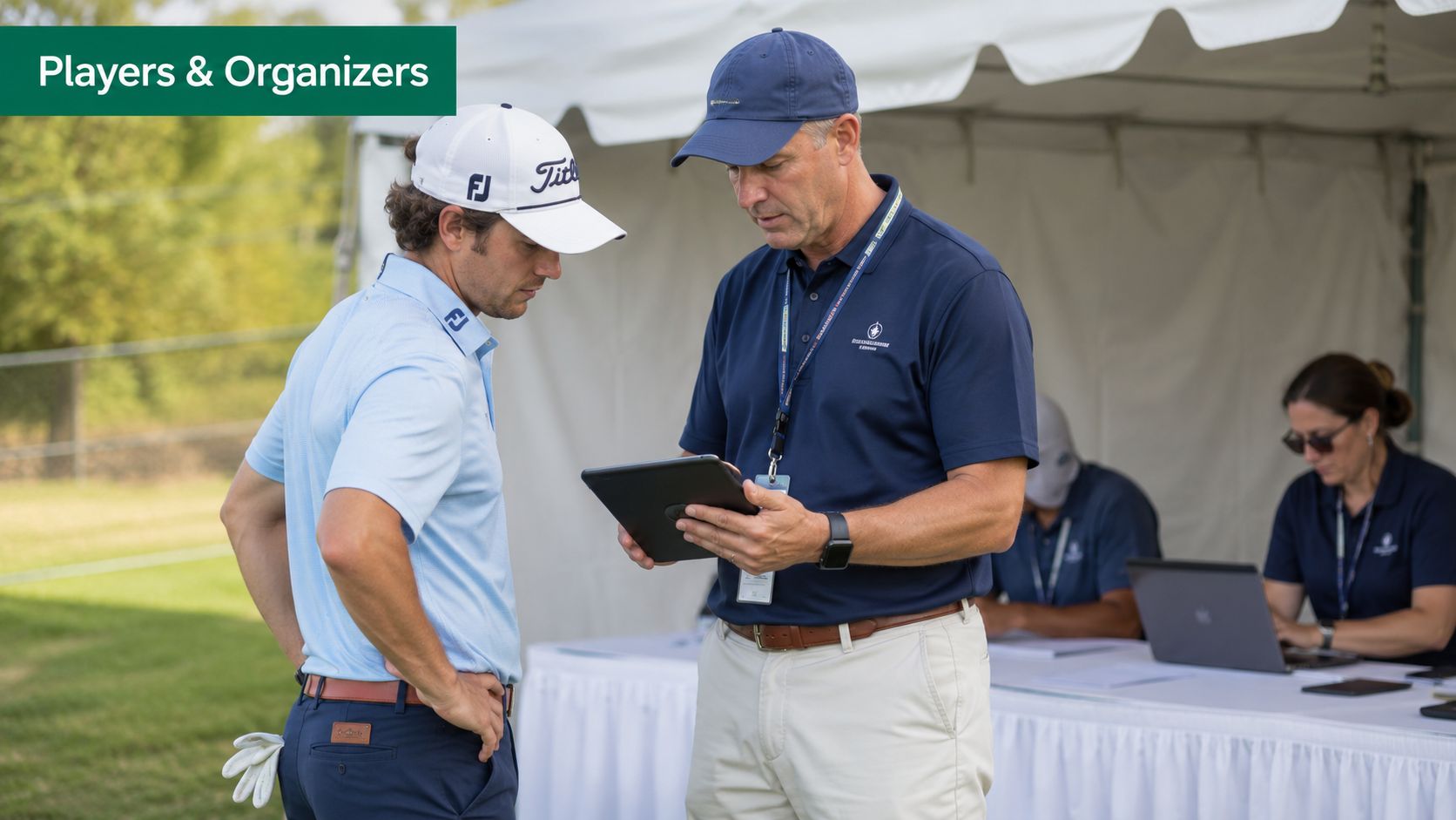 A professional golfer and an official review tournament data on a digital tablet at a registration desk.
