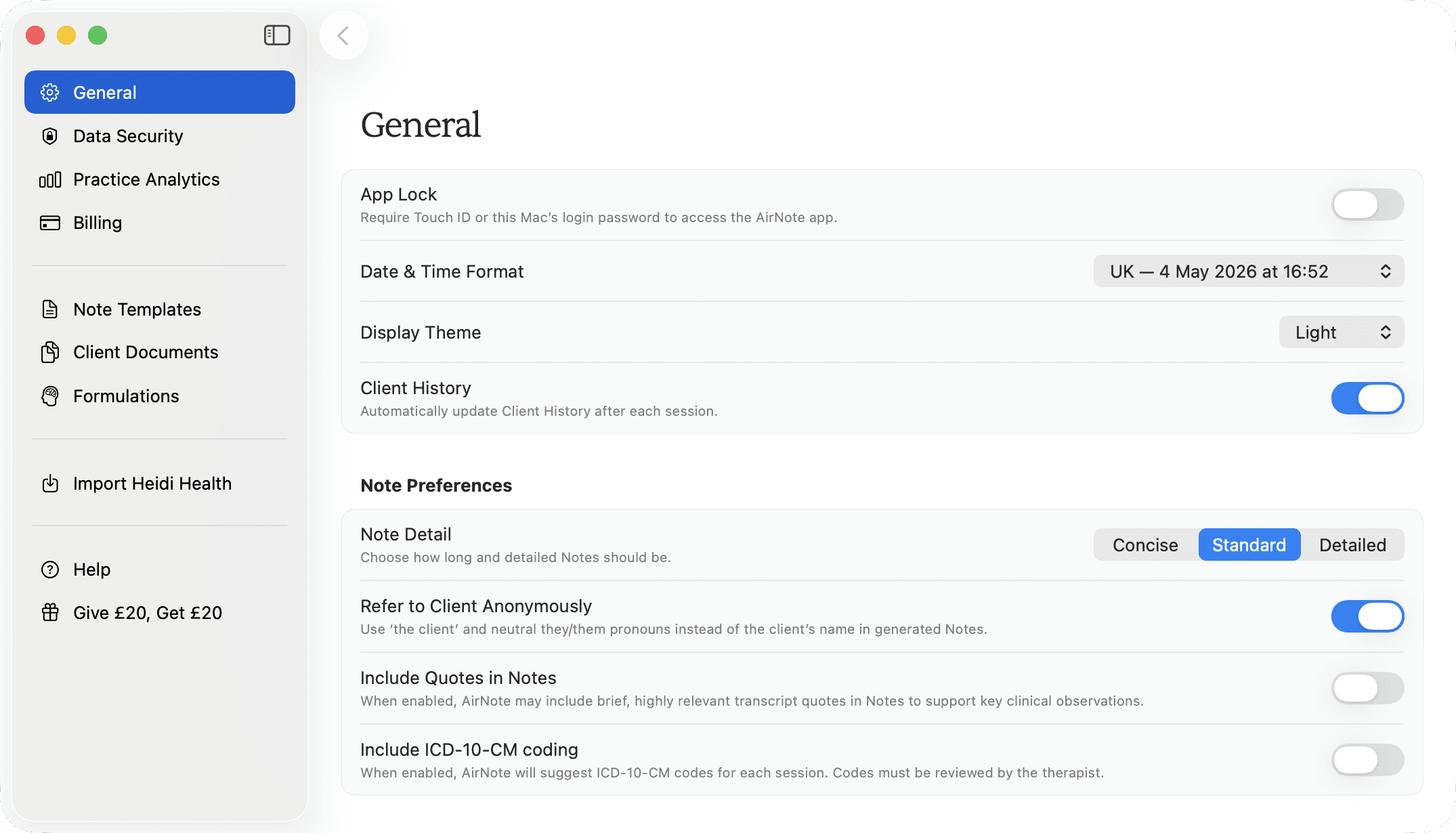 General settings showing Note Preferences, with Include ICD-10-CM coding switched off.