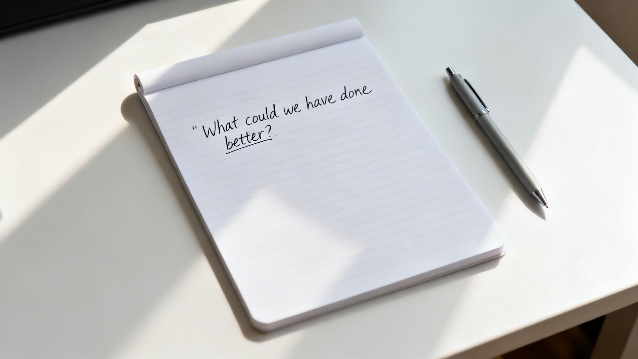 A white notebook with the question 'What could we have done better?' written, next to a pen on a desk.