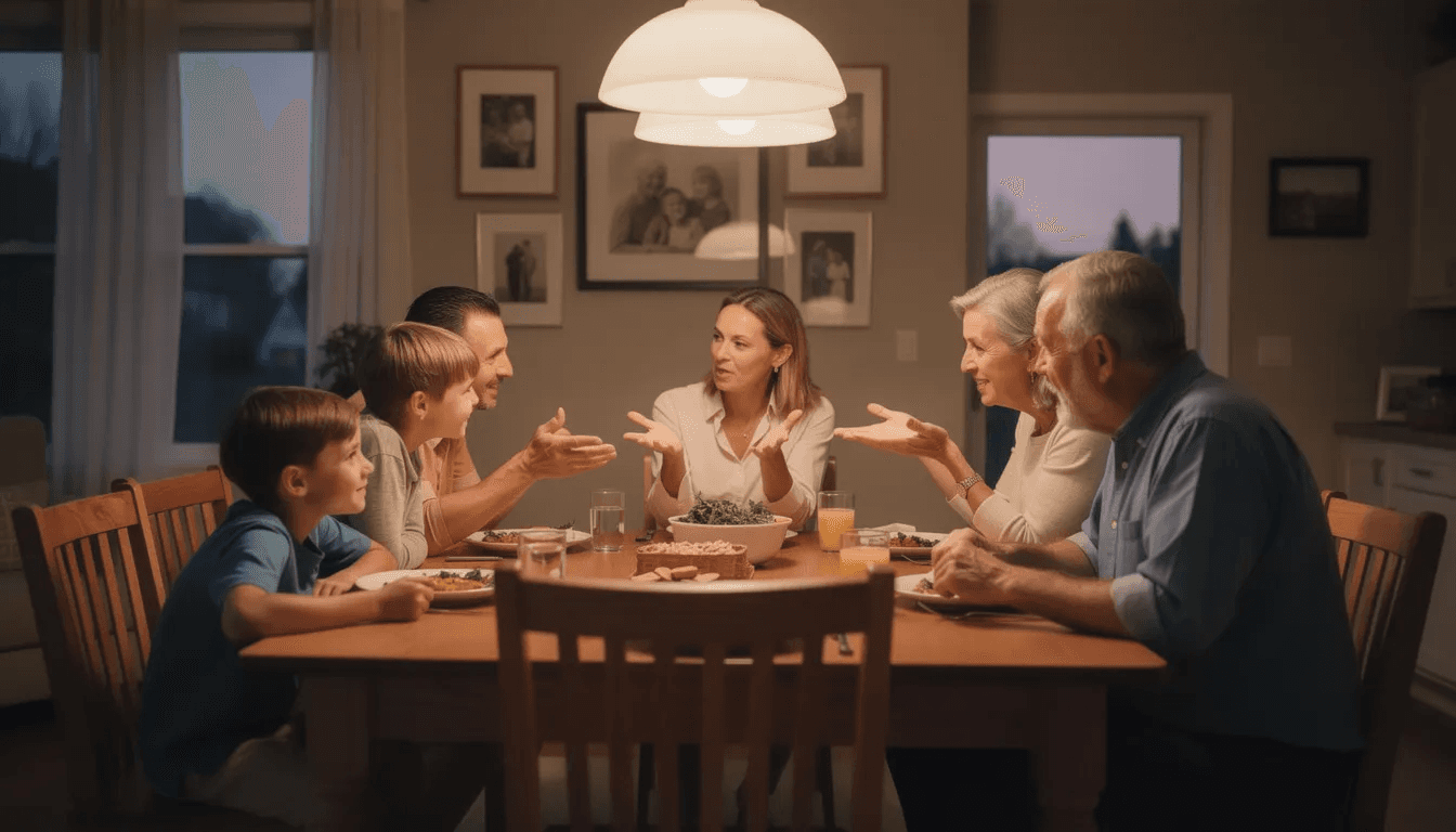 The image shows a family gathered around a dining table, engaged in a lively conversation, possibly discussing important matters like estate planning or the key differences between living trusts and wills. The warm atmosphere suggests a supportive environment where they might be sharing their final wishes and making financial decisions for their future.