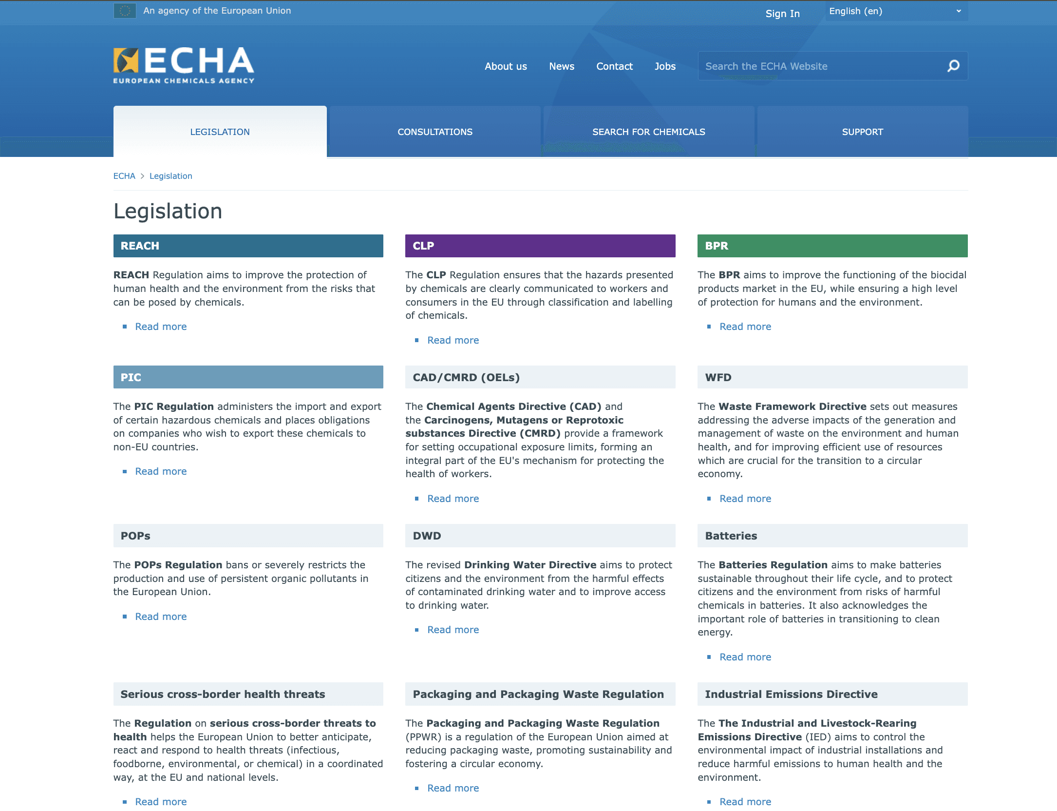 Screenshot of ECHA Legislations