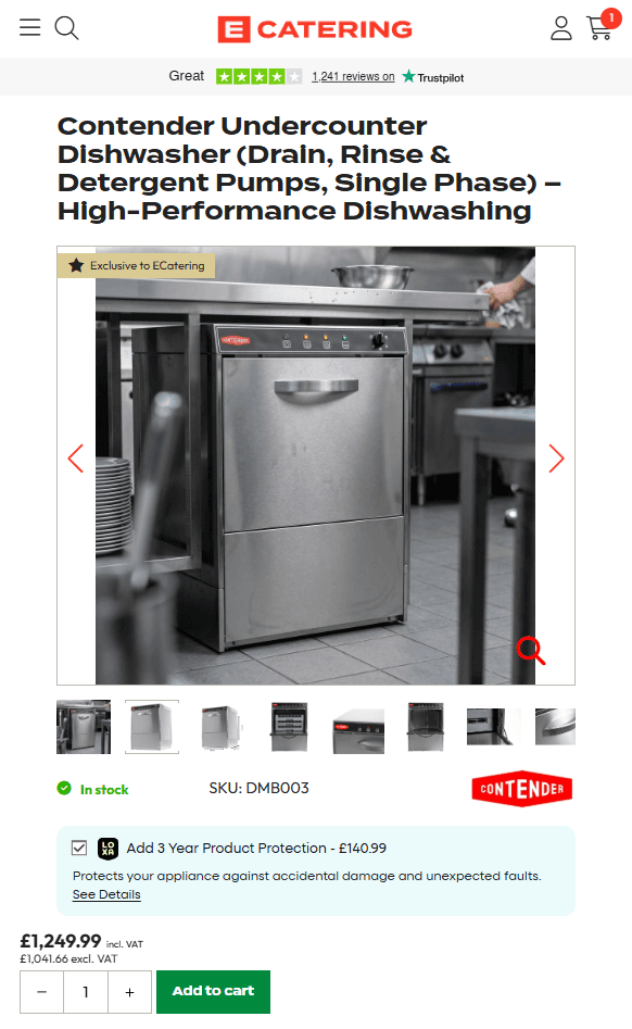 Contender commercial dishwasher on eCatering with Loxa product protection offered on the product page