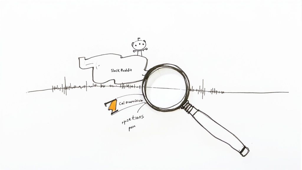 Doodle of a magnifying glass highlighting pain and perceptions, with Slack and Reddit in the background.