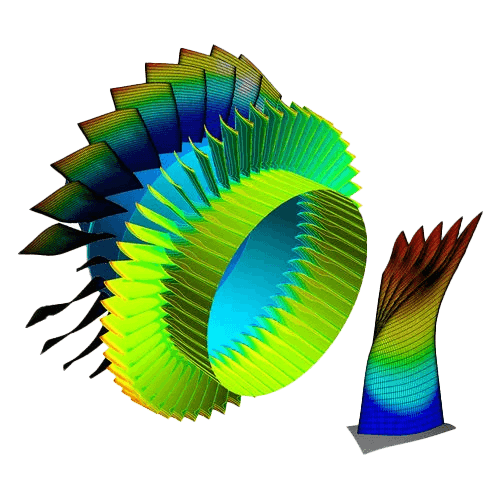 A colorful 3D simulation of a turbine or fan blade showing fluid dynamics in a spiral formation.