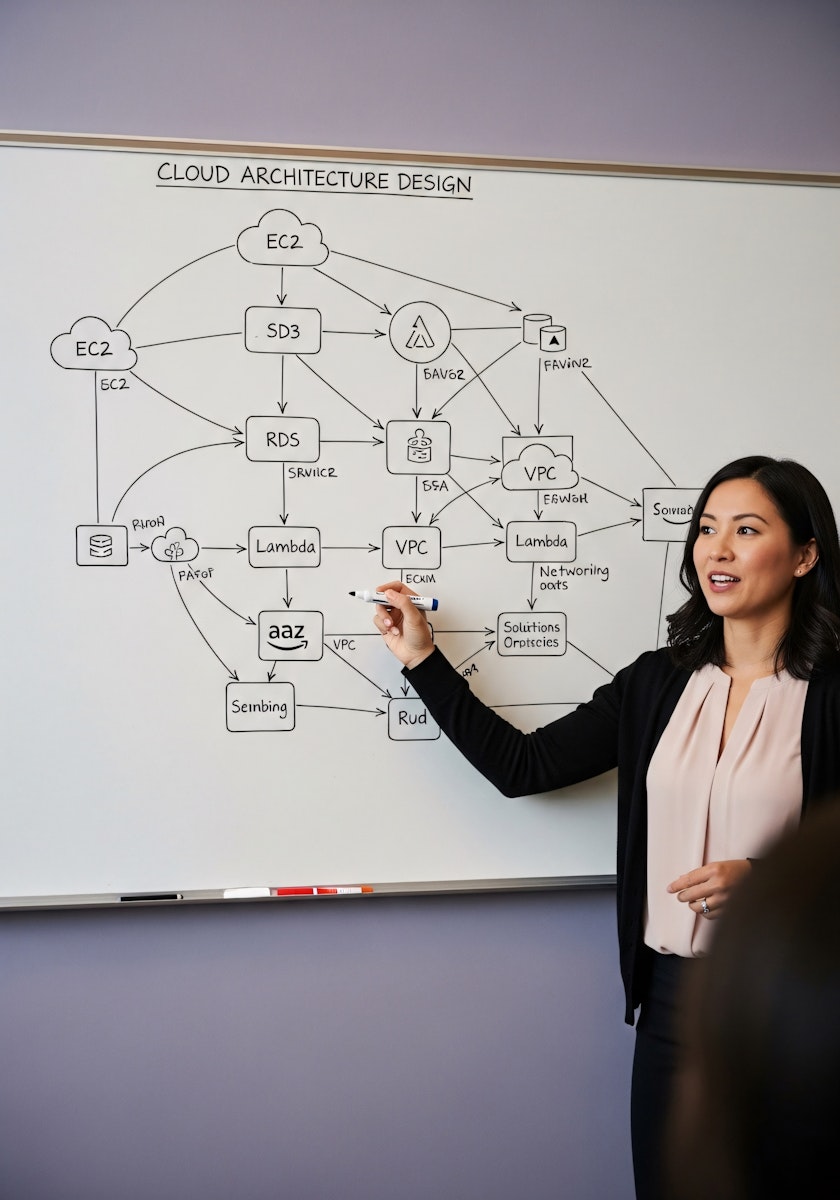 Woman standing in front of a white board