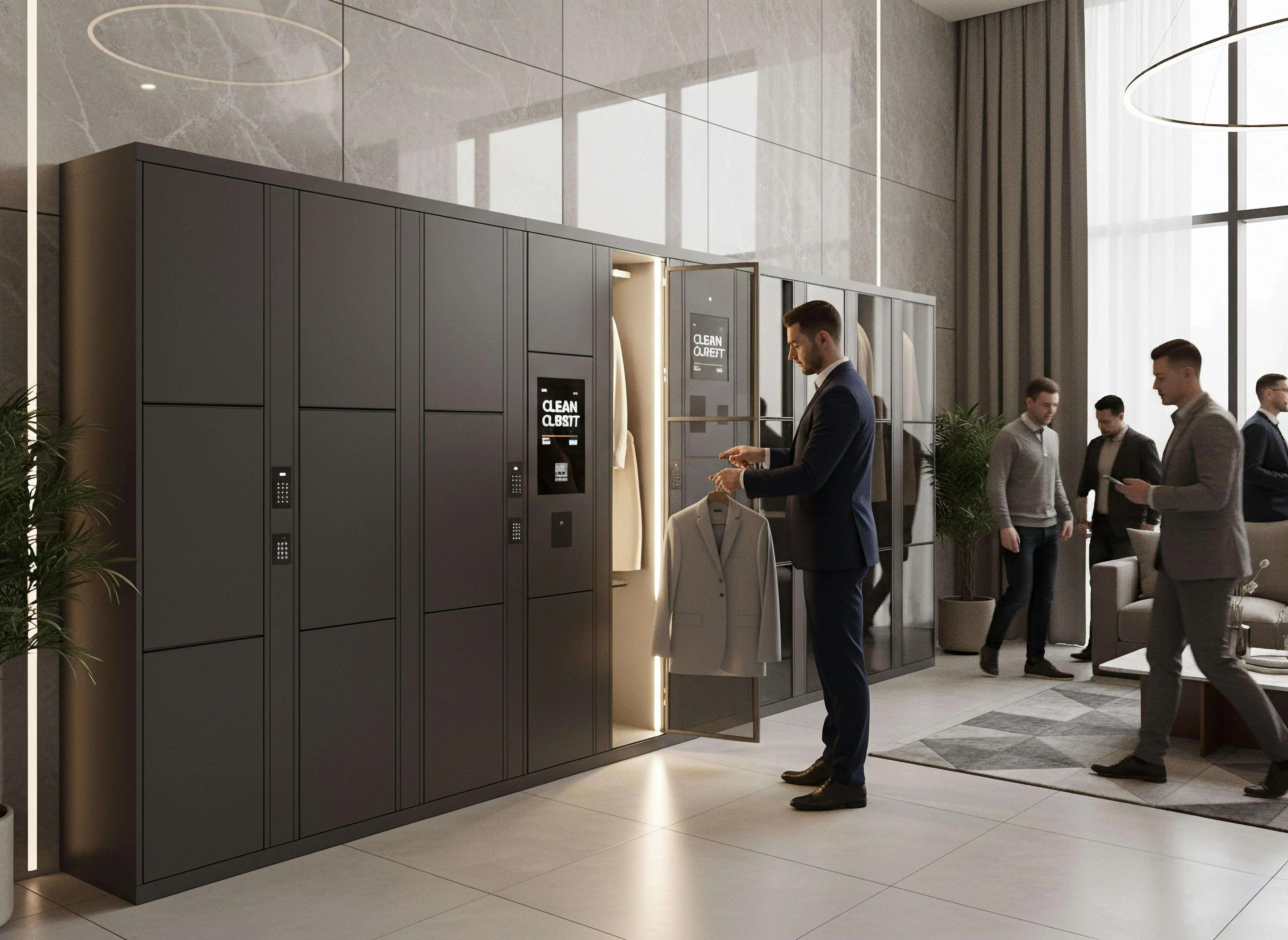 Dry cleaning pickup lockers for secure garment storage and automated notifications.