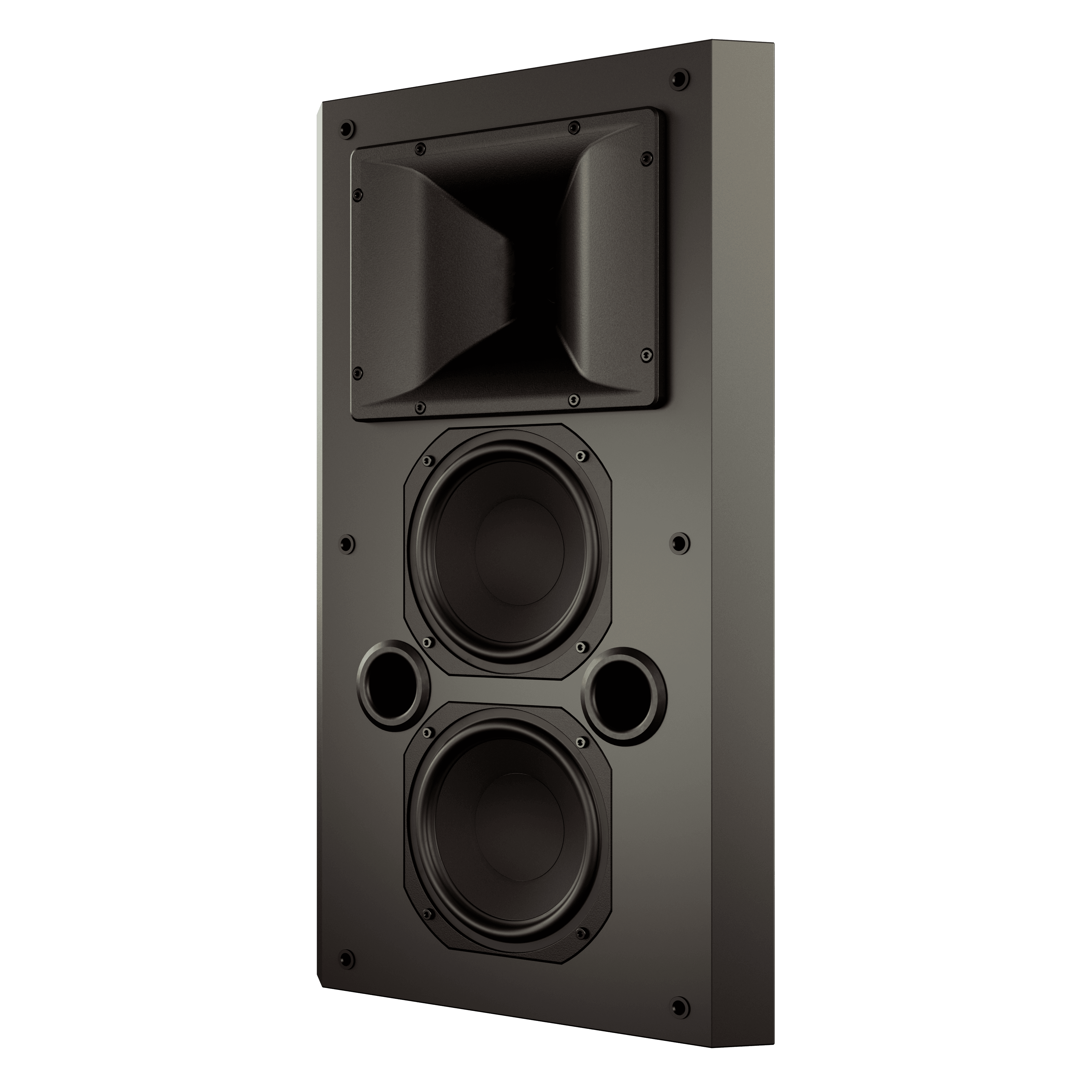 Black rectangular speaker with two woofers and horn tweeter
