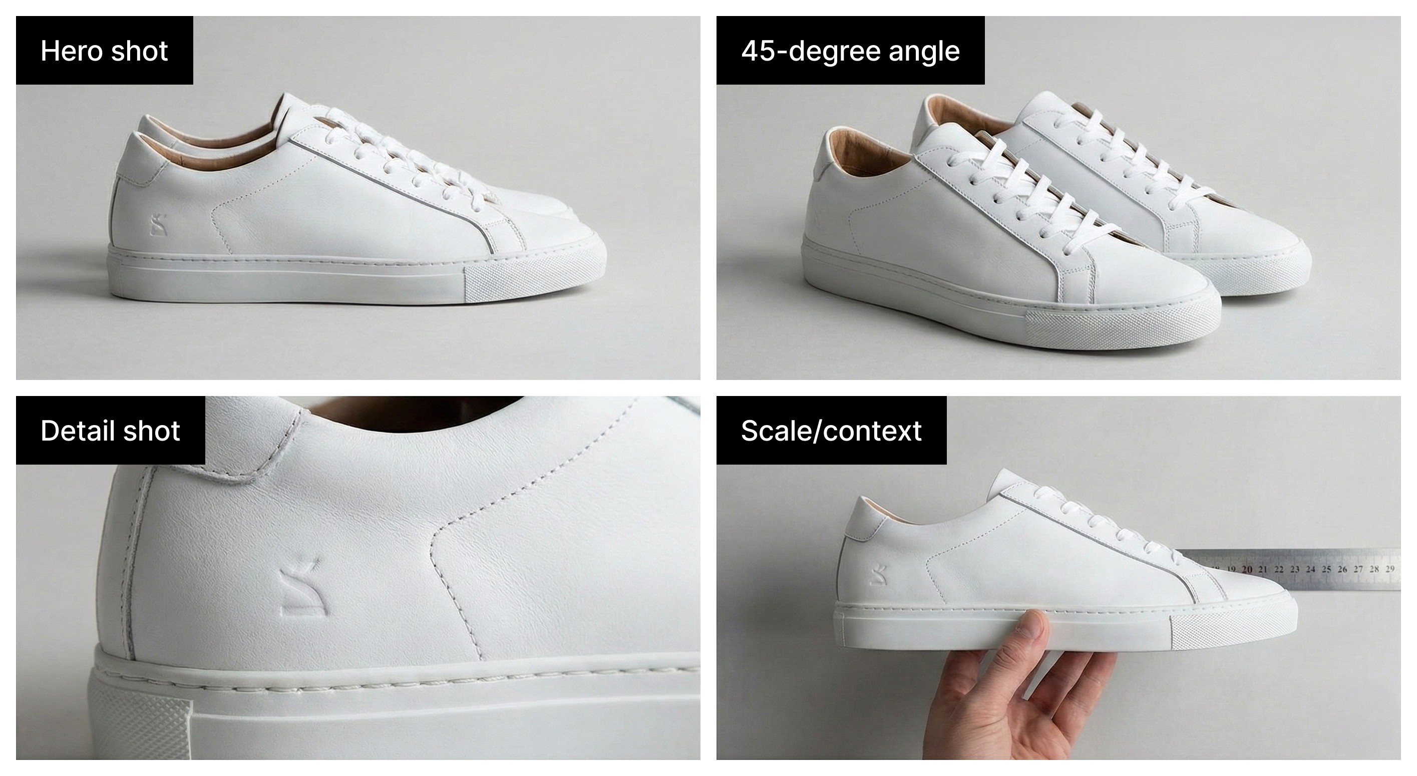 E-commerce product photography examples showing white sneakers in four views: hero shot, 45-degree angle, detail close-up, and scale reference.