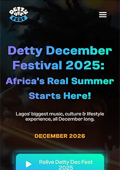 Detty Dec Fest home page UI — digital platform design, MetaCraft.