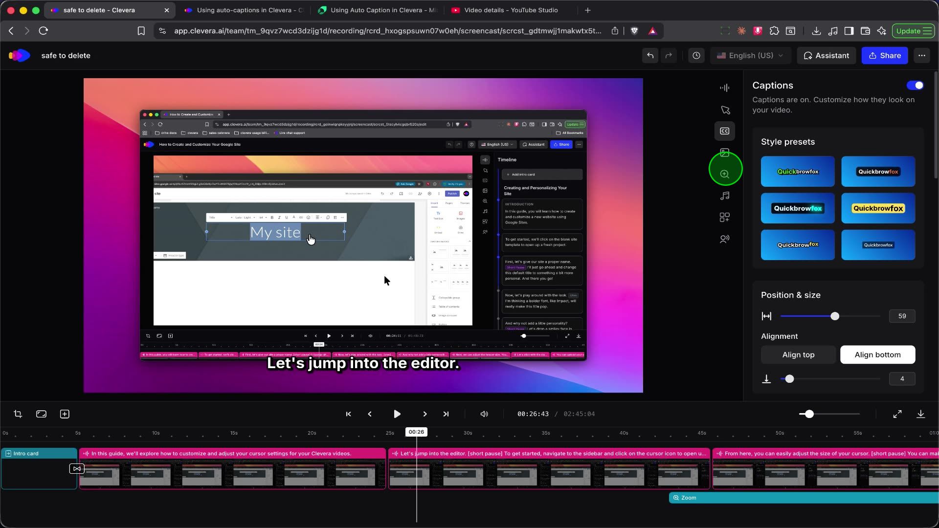 Typography settings in the Captions panel, allowing for font, size, and spacing adjustments