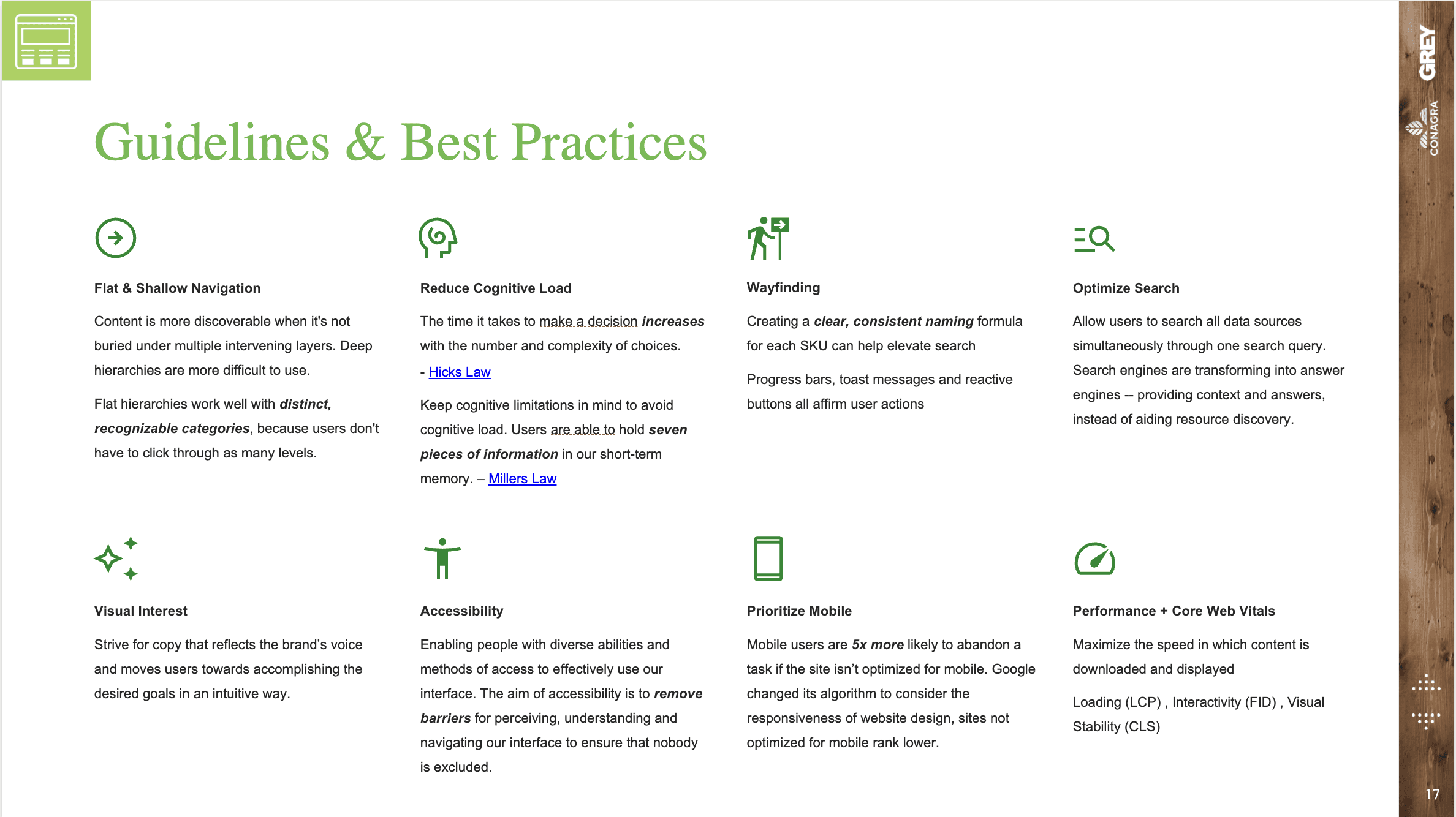 Slide from a UX presentation titled "Guidelines & Best Practies."