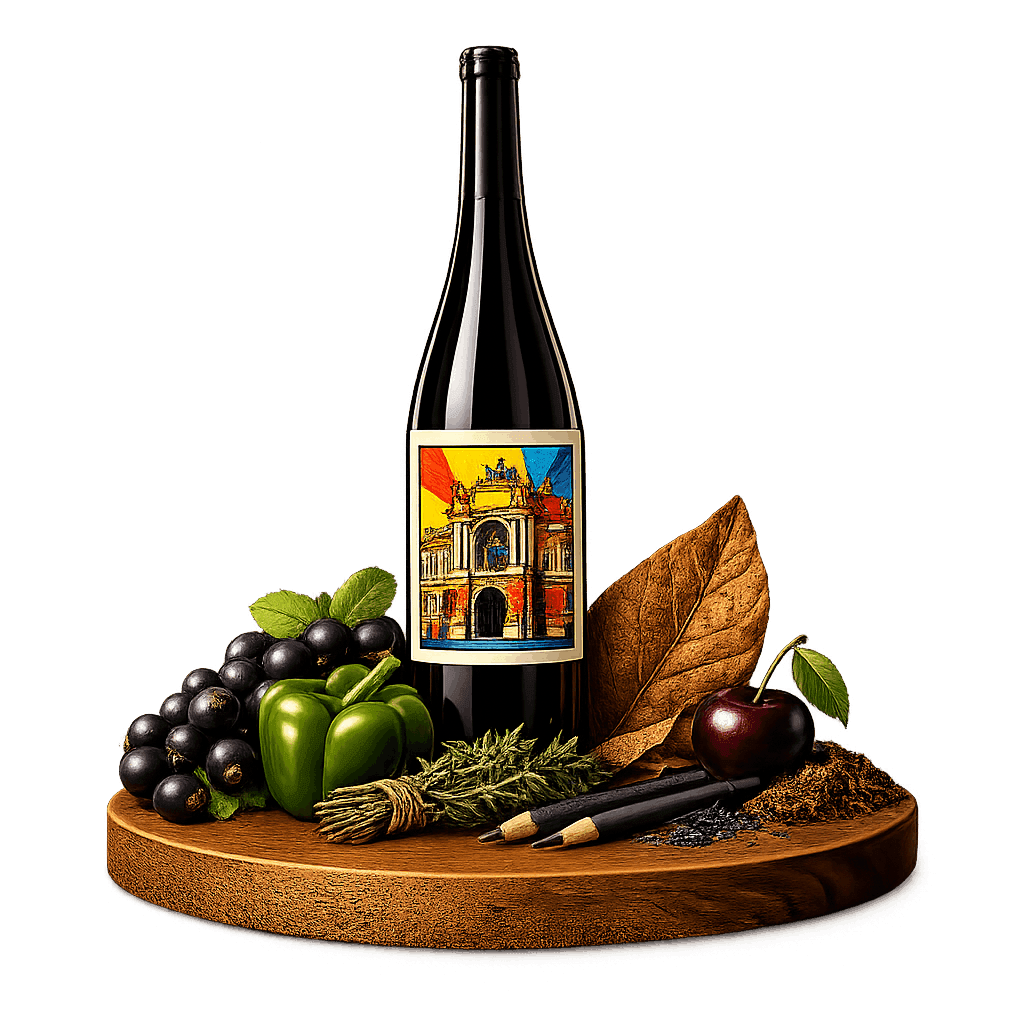 Artistic label and flavor profile for Odesa Cabernet Sauvignon on a rustic wooden table.