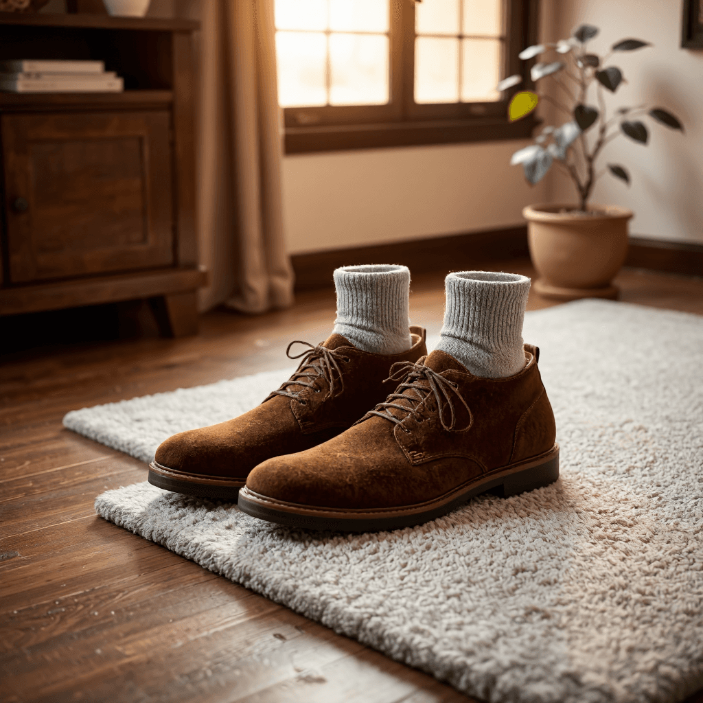 product photography of a pair of brown suede shoes worn with gray socks