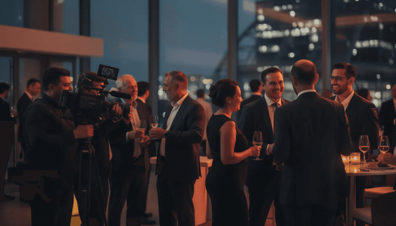 Une équipe de vidéastes professionnels capture discrètement un gala d'entreprise, où des participants élégamment habillés échangent et établissent des réseaux sous un éclairage sophistiqué. L'image reflète l'importance des interactions et de la communication dans un cadre d'événements marquants.