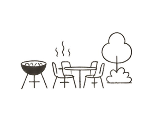 Illustration of an outdoor BBQ area with barbecue stations and dining seating.