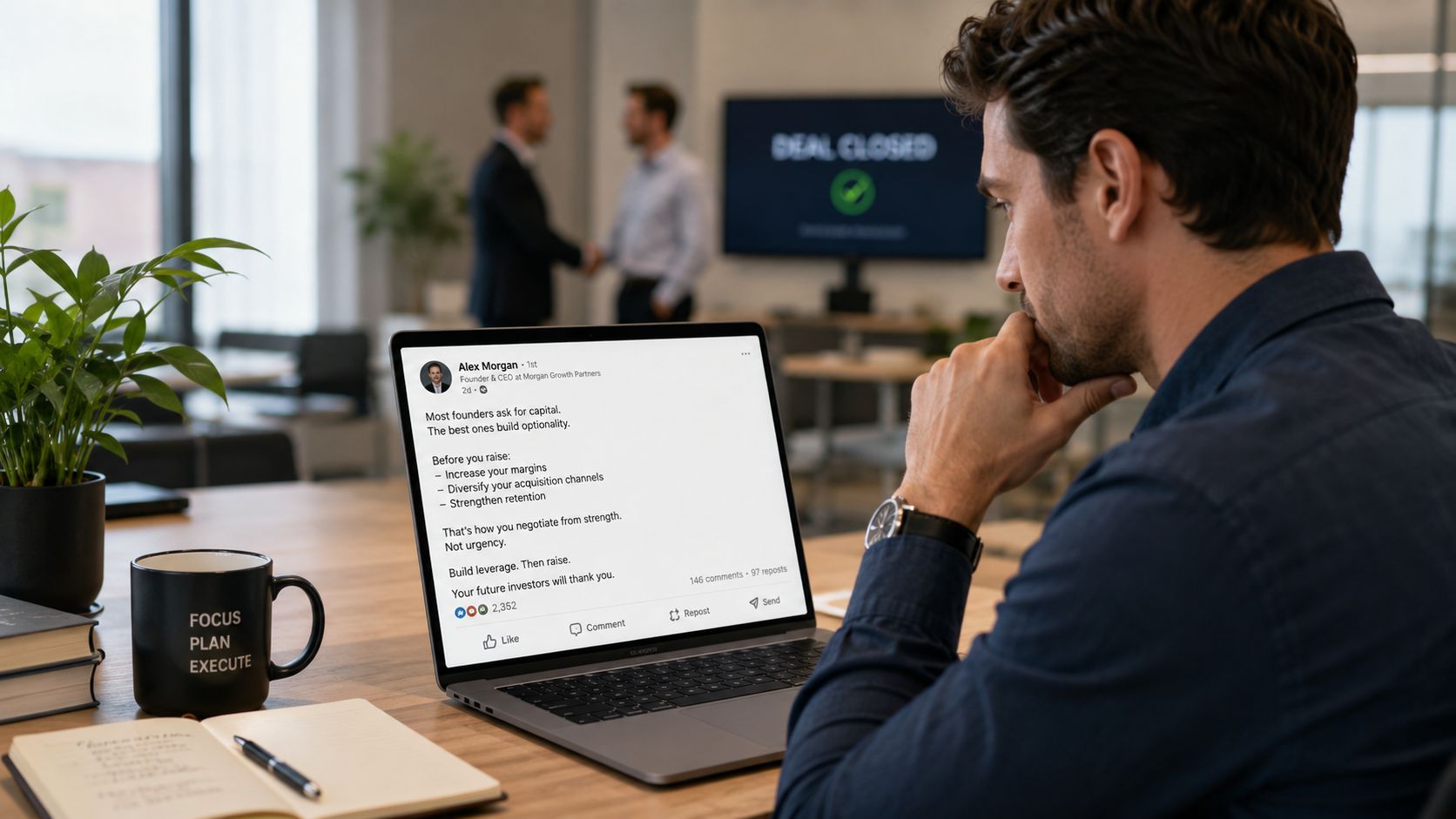 A businessman sits at a desk in an office looking at a LinkedIn post on his laptop.