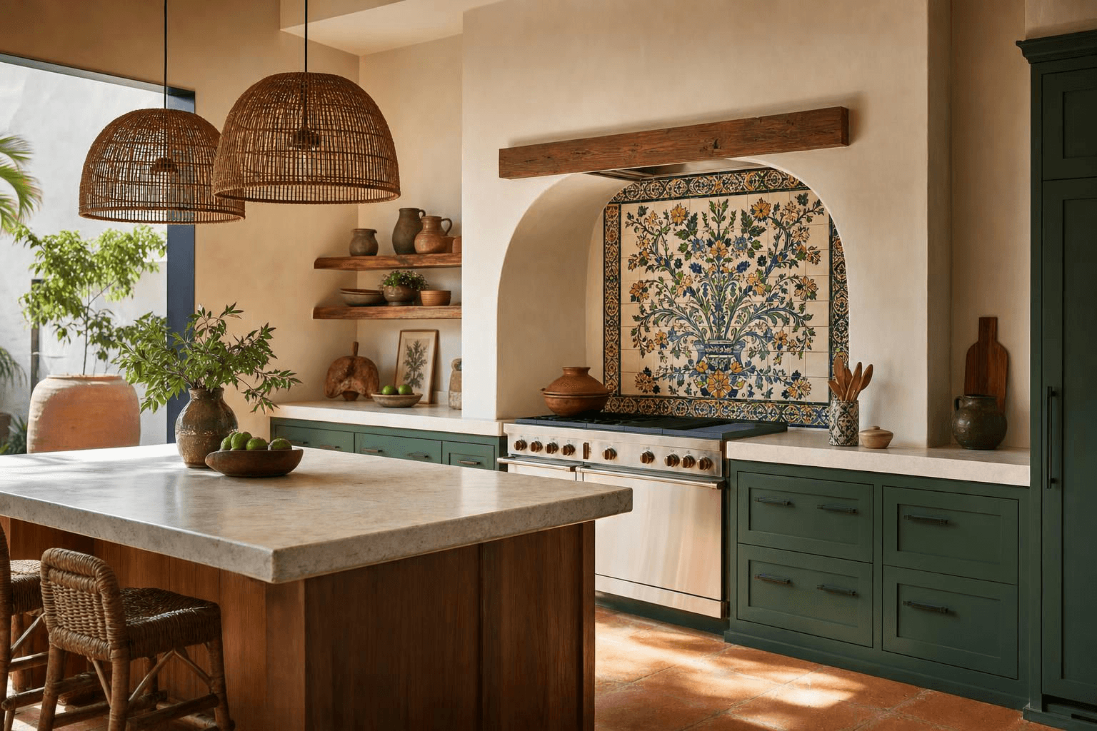 Beautiful modern mexican kitchen with floral tile backsplash and green cabinets with a walnut island.