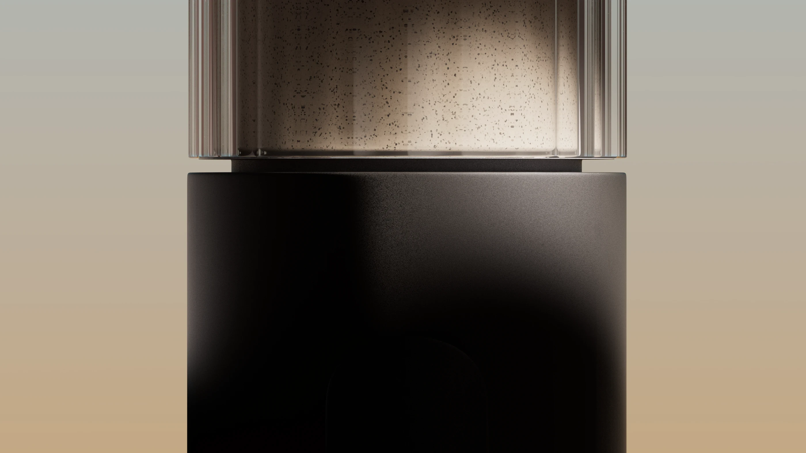 A textured, translucent cylinder atop a smooth, black base against a gradient background. Modern and minimal, the image conveys a sleek, sophisticated tone.