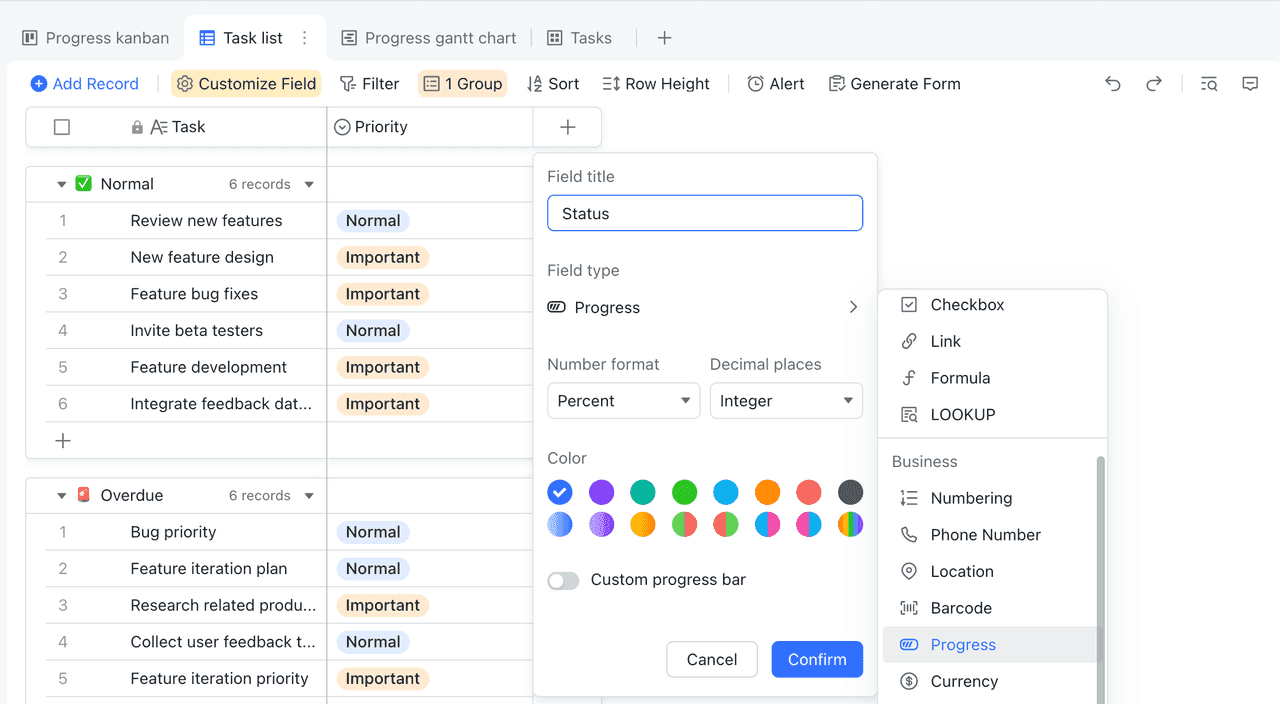 A progress field for visualizing project progress