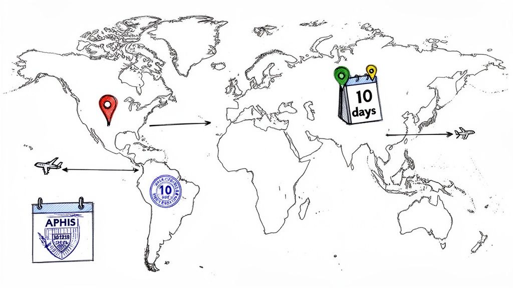 A world map illustrating global travel routes, pins, calendars with '10 days' and 'APHIS 101219' stamp.
