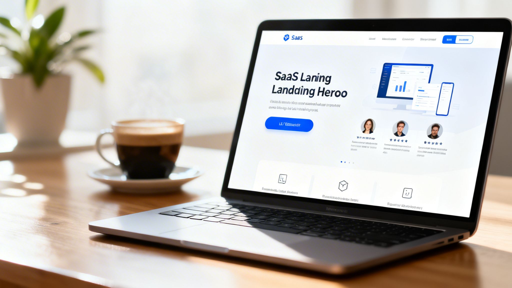 A close-up of a laptop displaying a modern SaaS landing page template with testimonials and a coffee cup on a wooden desk.