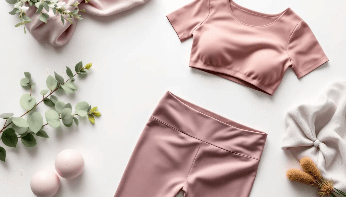A flat lay image showcases a stylish pilates outfit featuring high-waisted leggings and a medium impact sports bra, highlighting the seamless construction and stretchy fabric details ideal for pilates classes. The arrangement emphasizes breathable fabrics and form-fitting designs that ensure comfort and support during pilates workouts.