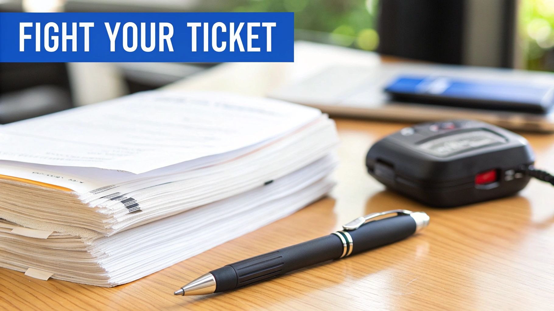 A desk with documents, a pen, and a recording device, with a banner that says 'FIGHT YOUR TICKET'.