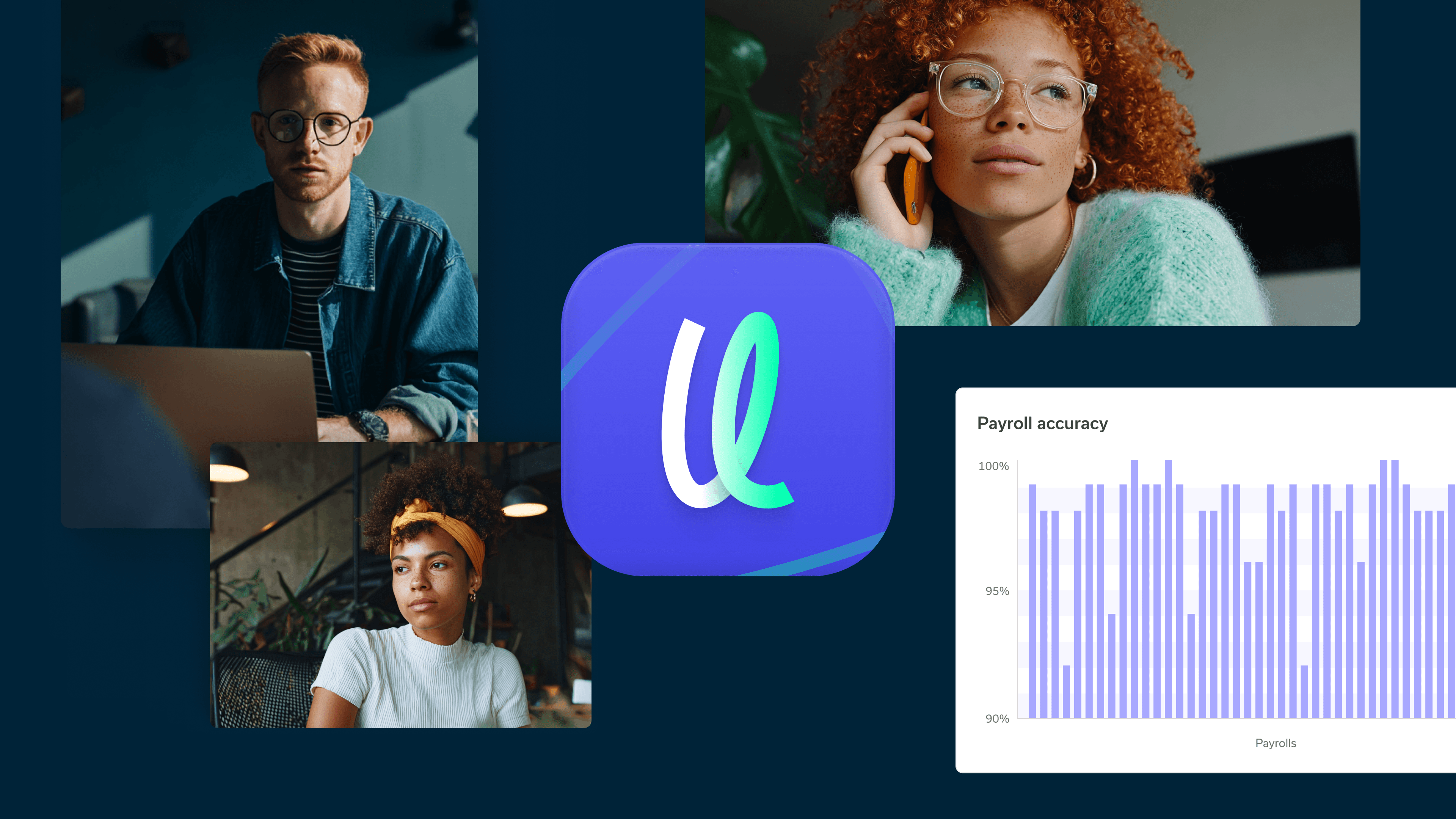 Modern payroll branding with employee portraits, logo and payroll accuracy data chart