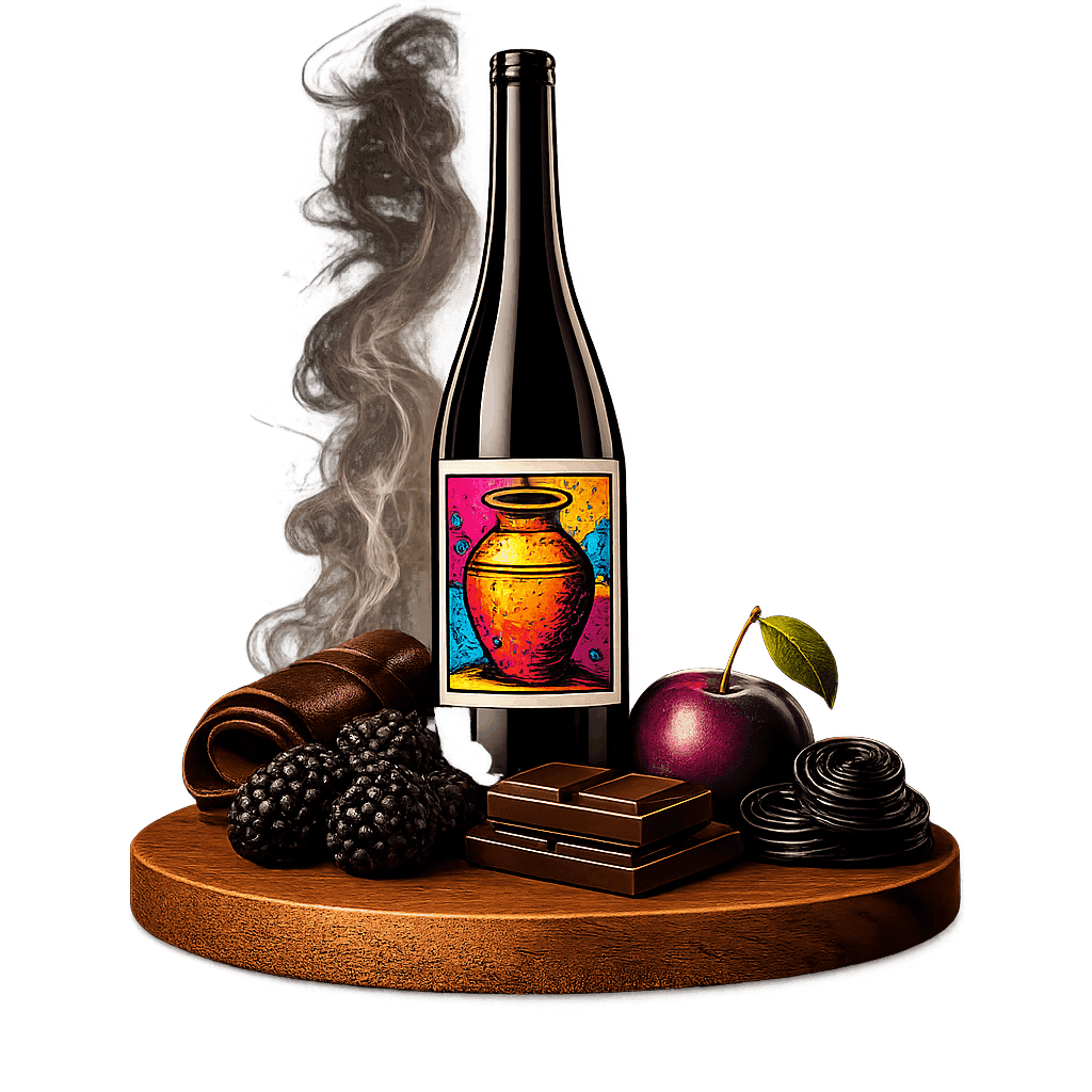 Artistic label and flavor profile for Kakheti Saperavi on a rustic wooden table.