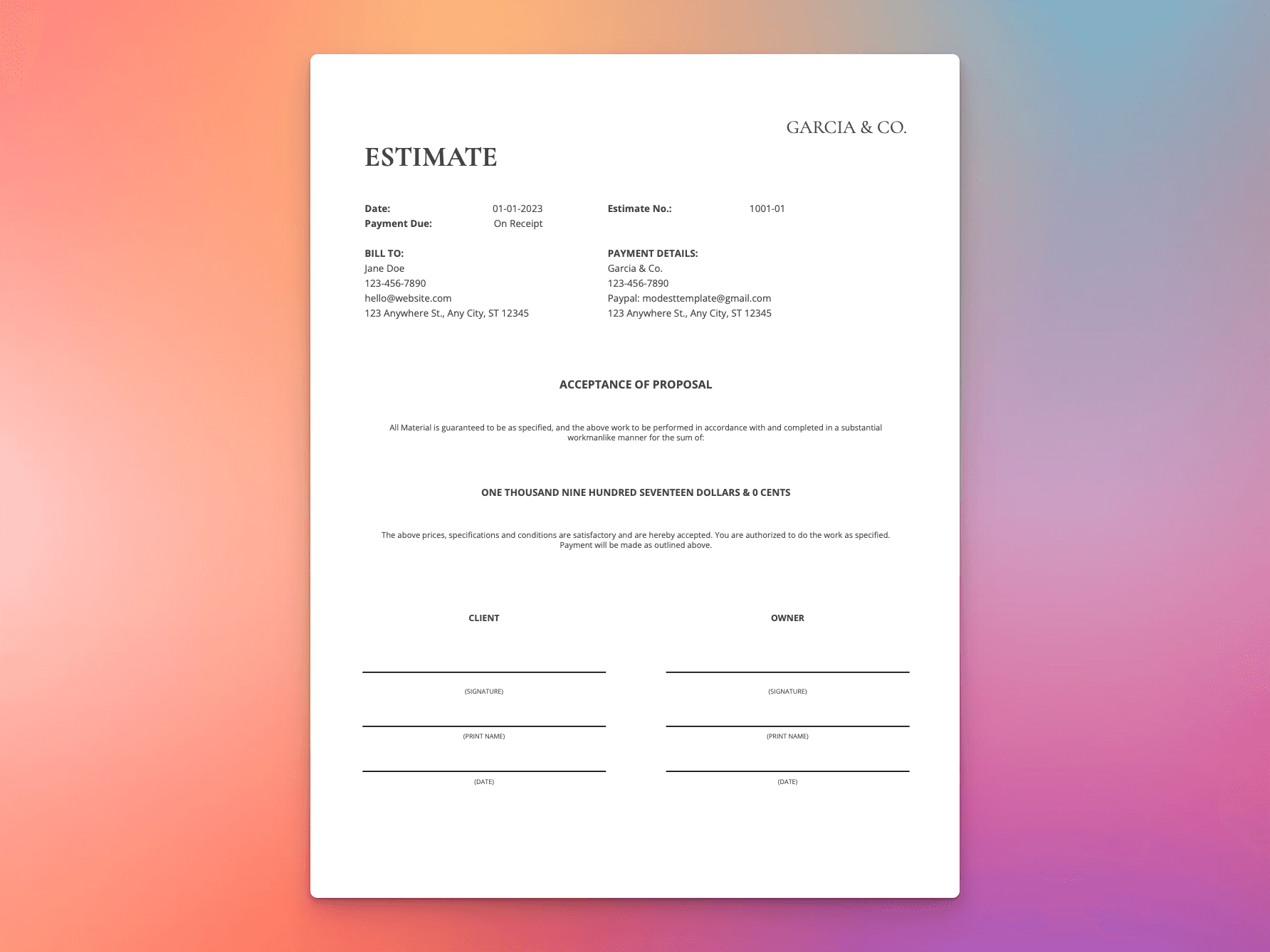 Term Sheet template outlining project acceptance, client and owner signatures, and payment agreement details.