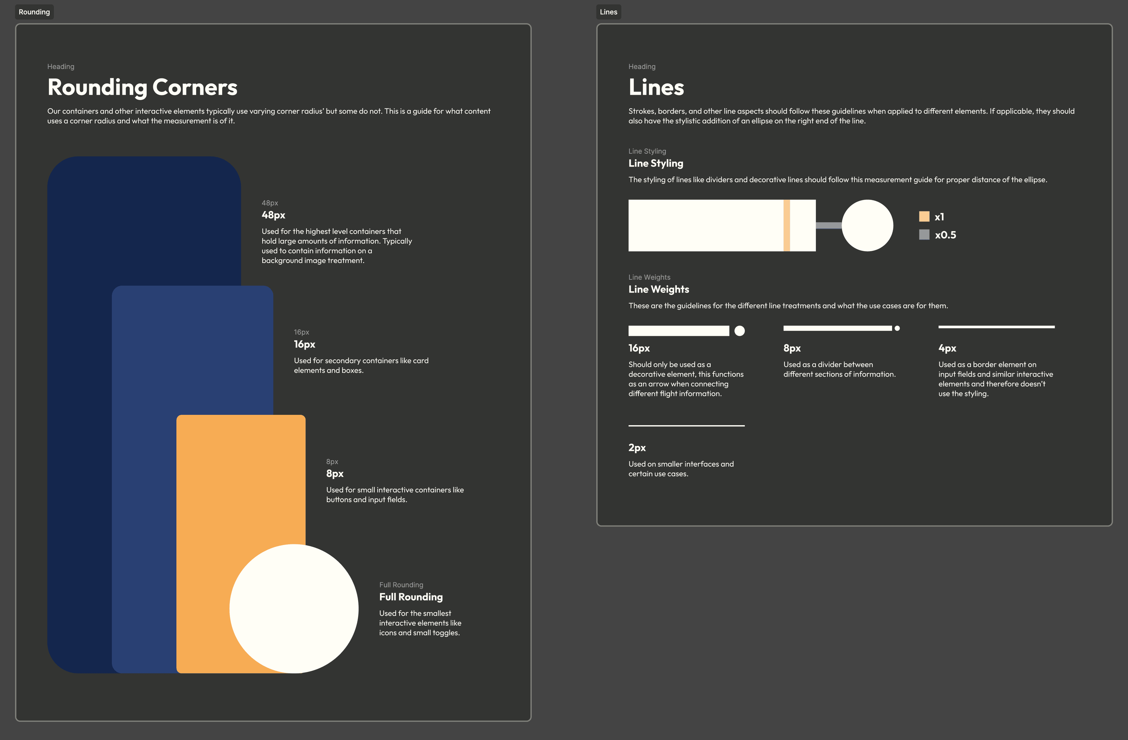 Design system page for line trearment and rounding corners..