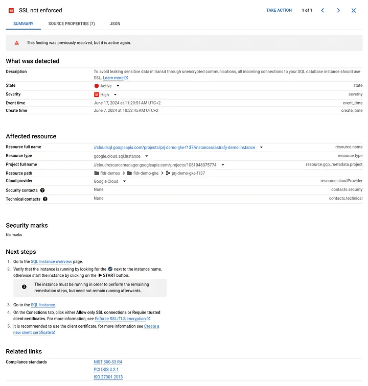 Screenshot of a Google Cloud Security Command Center alert for "SSL not enforced." The alert is active with high severity, detailing an SQL instance with unencrypted communications. It includes detection details, affected resource information, and next steps for remediation, such as enabling SSL and verifying instance status. Related compliance standards are listed.