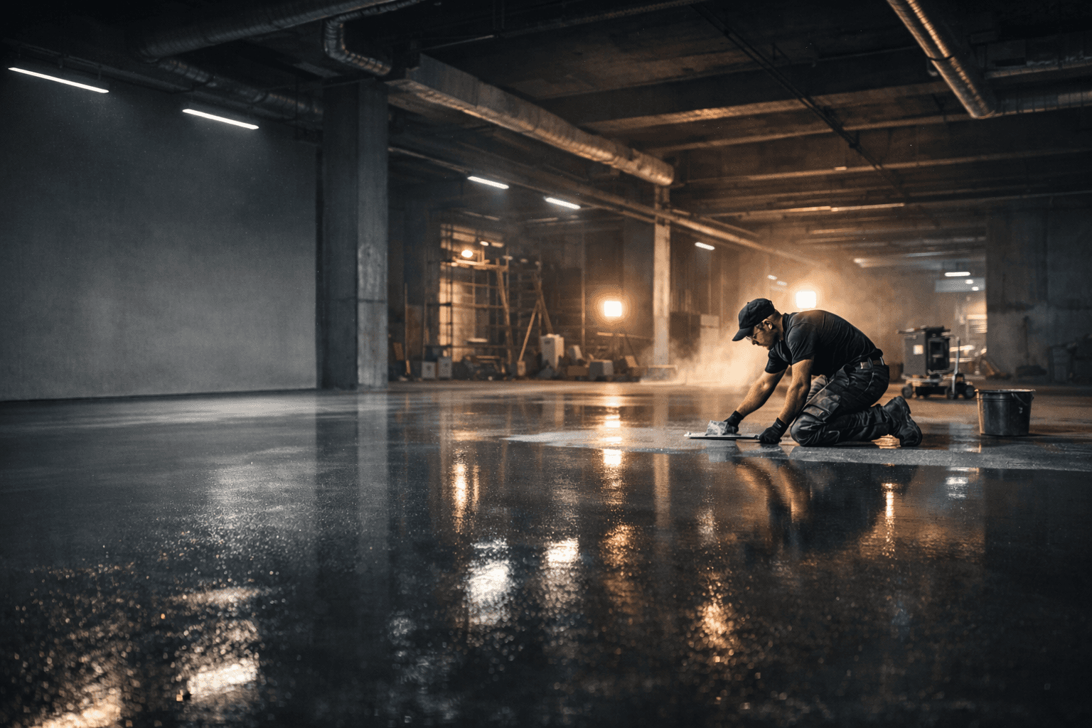 Handwerker bei der Estrich- und Bodenbeschichtungsarbeit in einer Industriehalle – A.S.E Estriche und Beschichtungen Allgäu