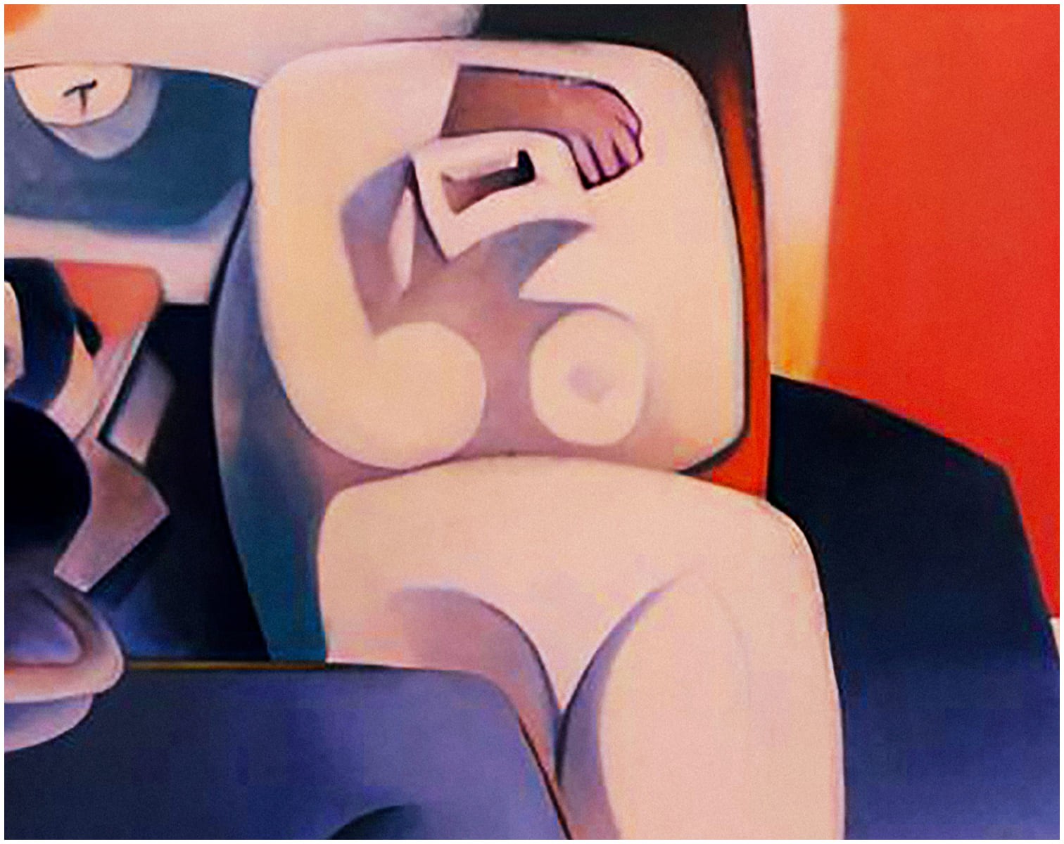 Close-up of simplified human figure with curved forms and soft gradients in warm tones.