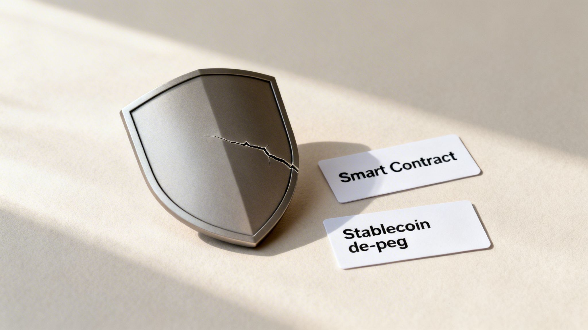 A broken shield next to 'Smart Contract' and 'Stablecoin de-peg' cards, illustrating DeFi risks.
