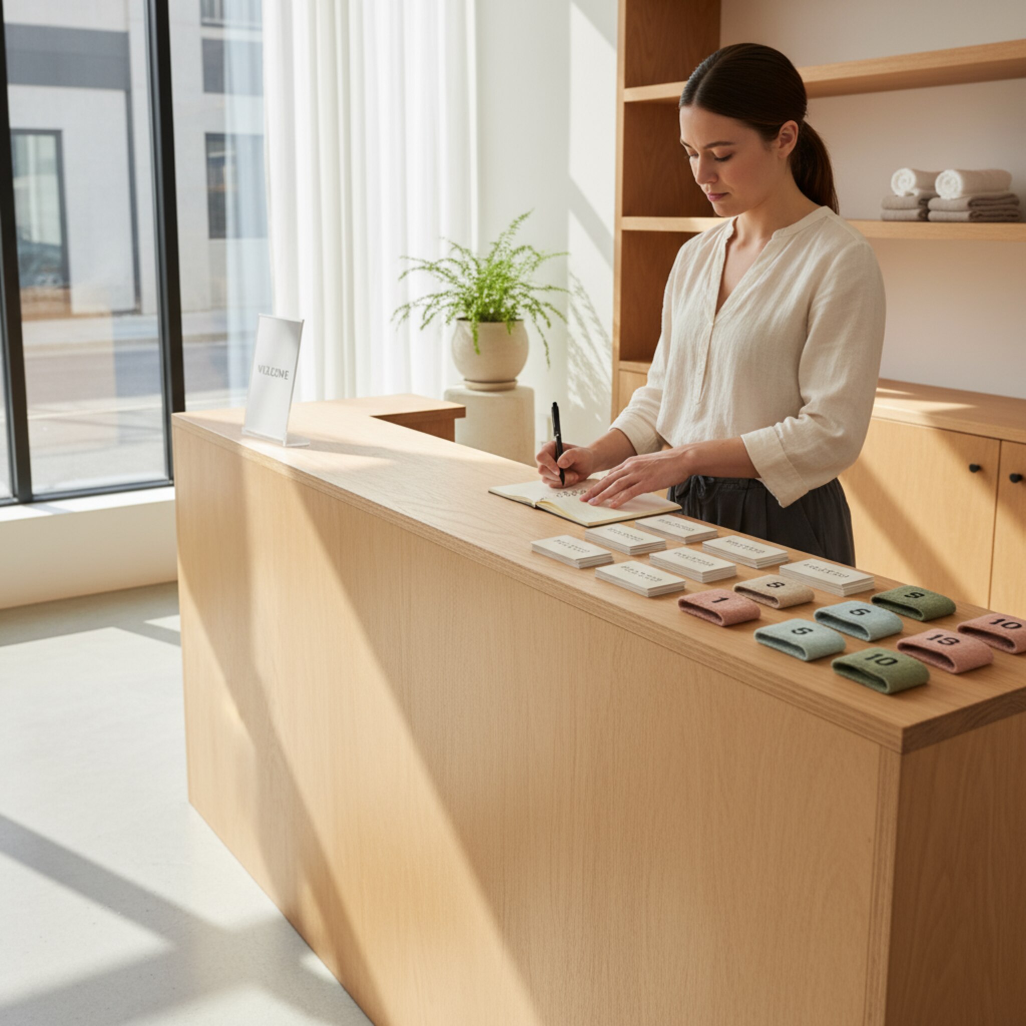 Ein schlichter Holztresen mit ordentlich gestapelten Mitgliedskarten neben kleinen, nummerierten Bändchen für Kurszugänge. Eine Mitarbeiterin sortiert konzentriert und notiert eine Anpassung. Die Umgebung wirkt hell und aufgeräumt. Die Szene vermittelt Routine, Verlässlichkeit und transparente Abläufe.