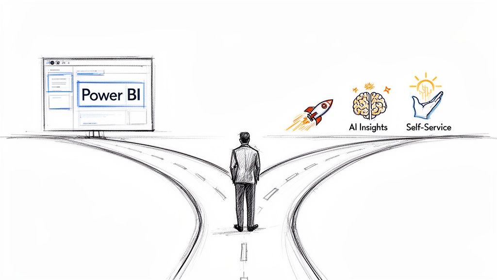 A person at a crossroads choosing between Power BI or a path to AI insights, self-service, and innovation.