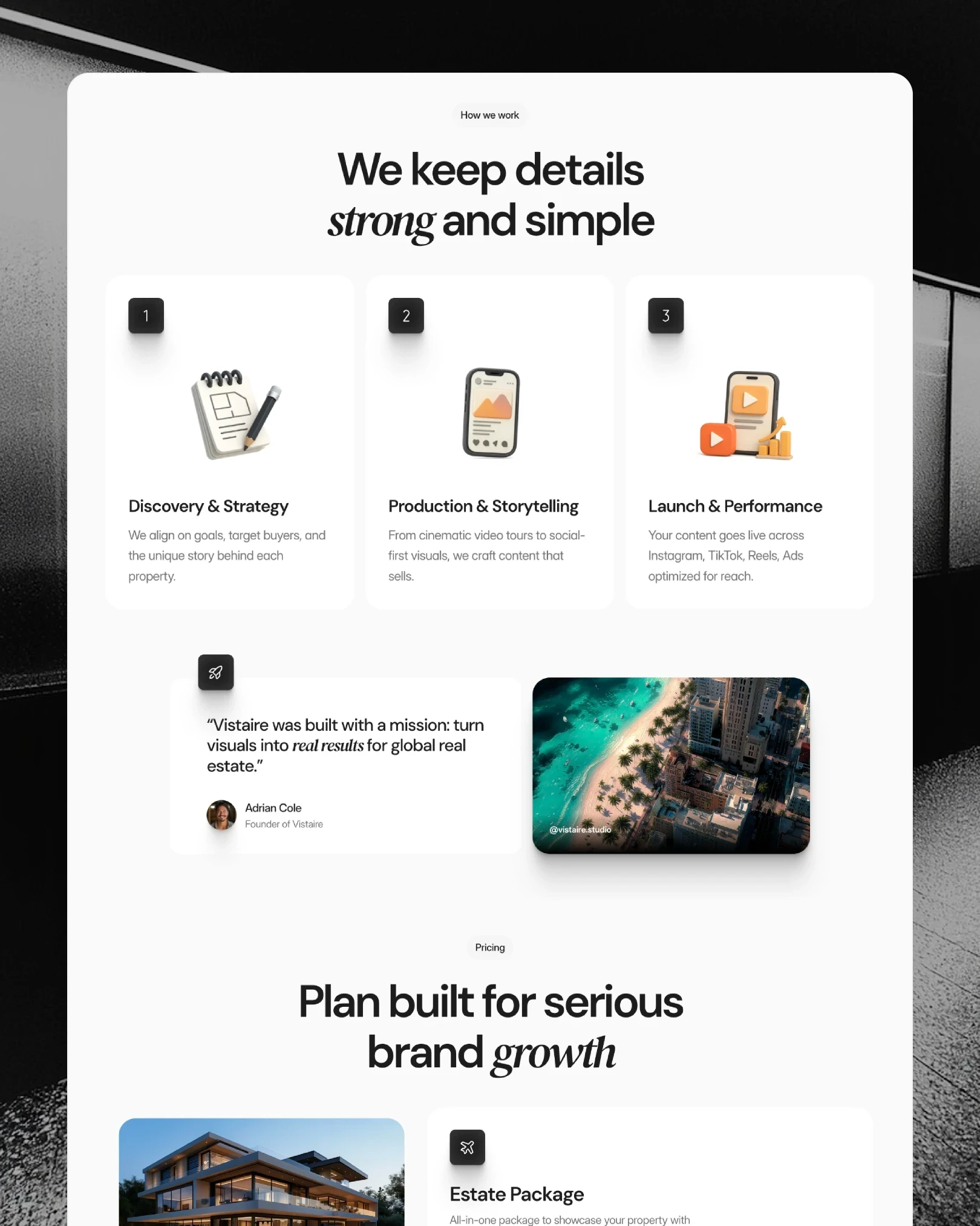 Vistaire process section with discovery, production and launch steps — web design by Luna UI design studio