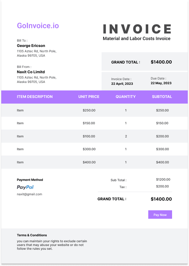 Material and Labor Costs Invoice