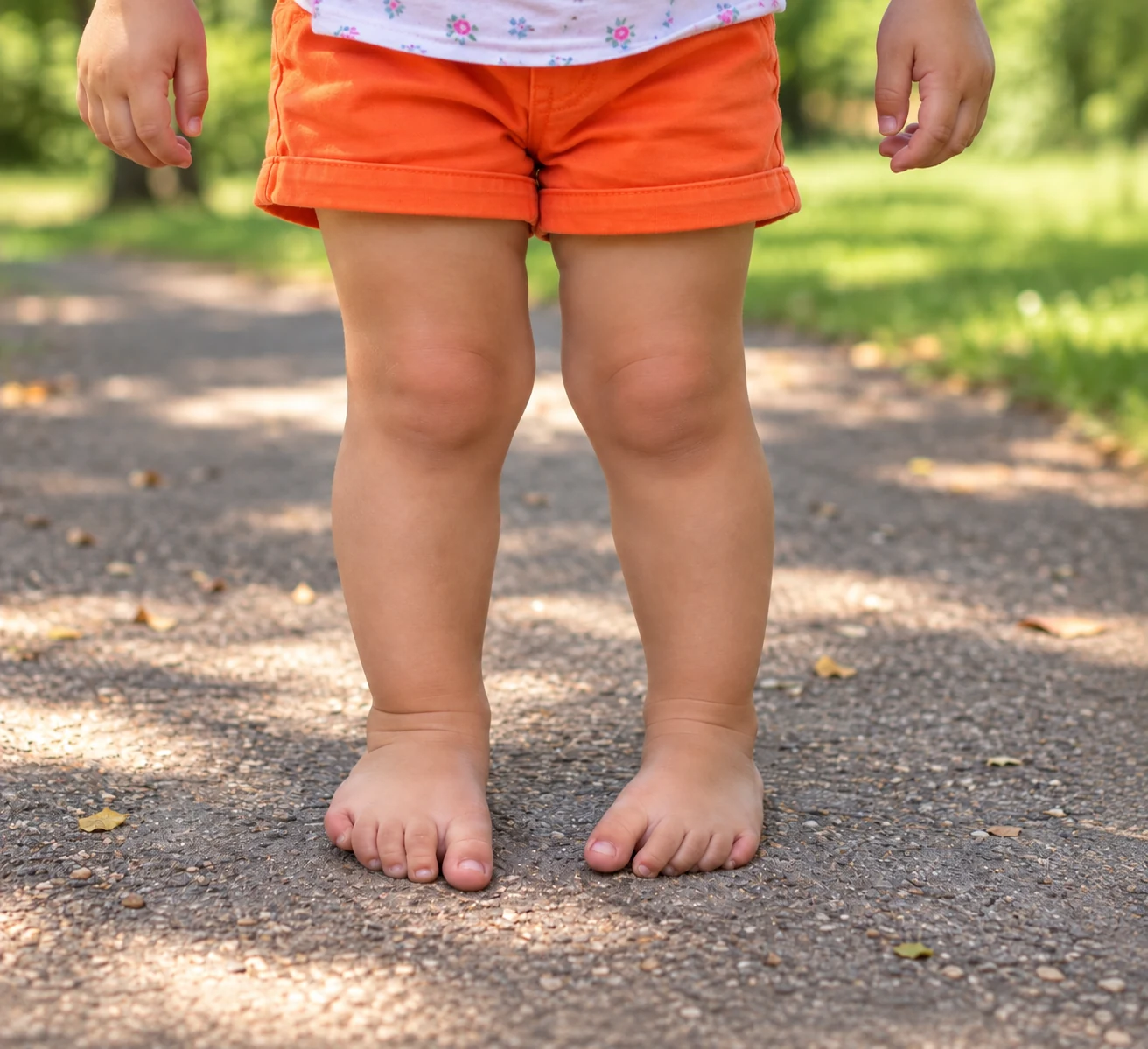 Barefoot toddler in orange shorts with feet turning inwards, illustrating intoeing in children
